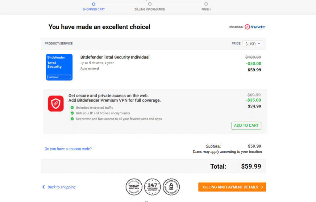 Bitdefender checkout page