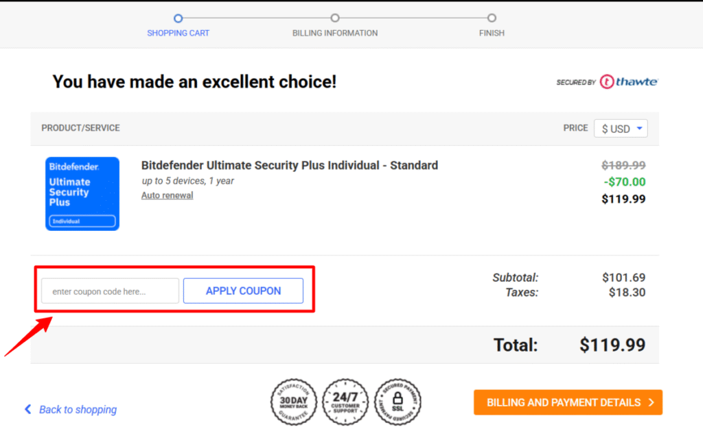 Bitdefender coupon section